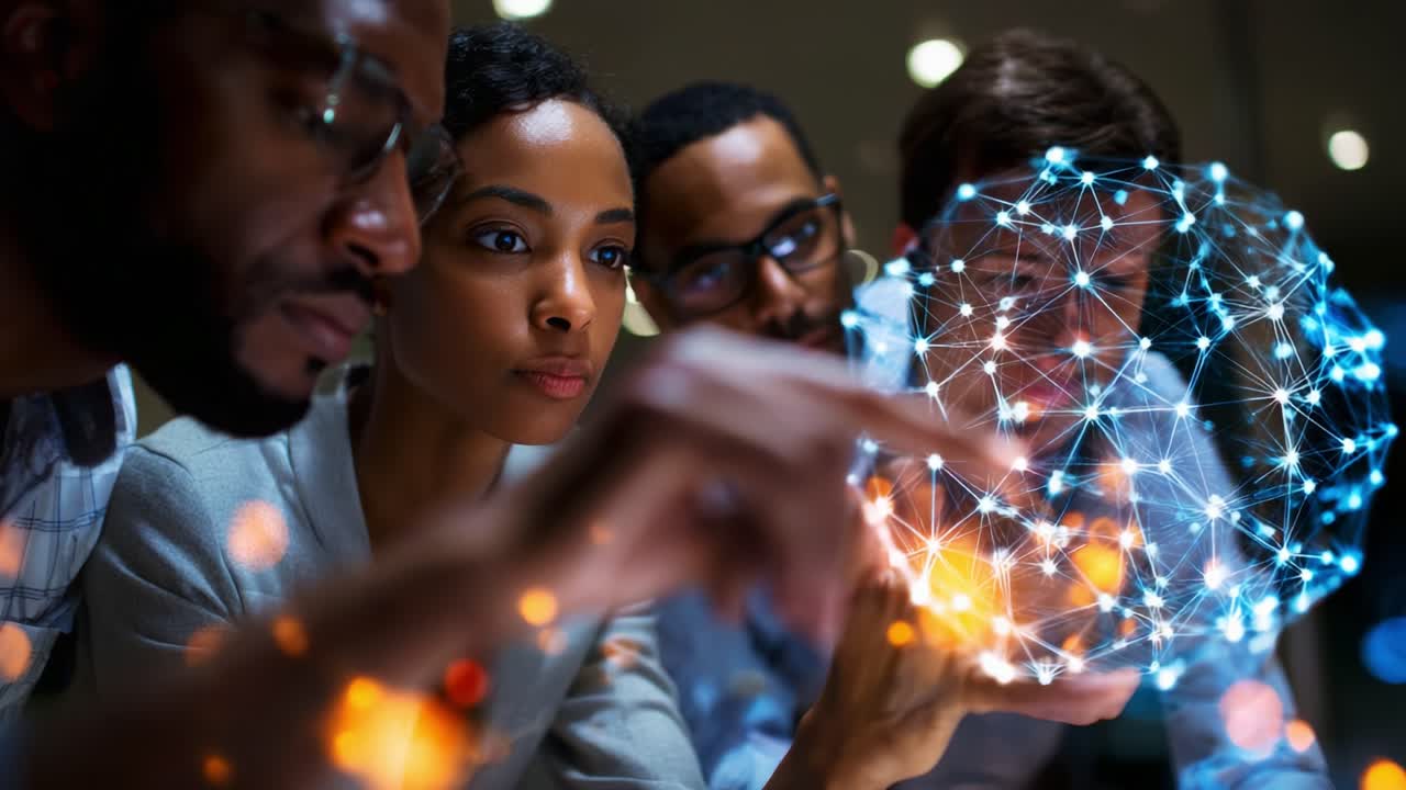 En mangfoldig gruppe af fagfolk interagerer med en futuristisk digital model og analyserer forbindelser og datarepræsentationer for at øge forståelsen af teknologi og innovation