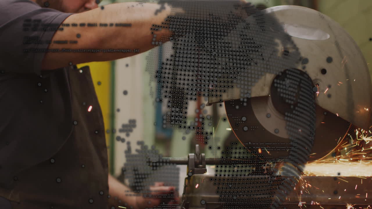 Man operating bench grinder in metalworking workshop, showing sparks with dotted graphic overlay