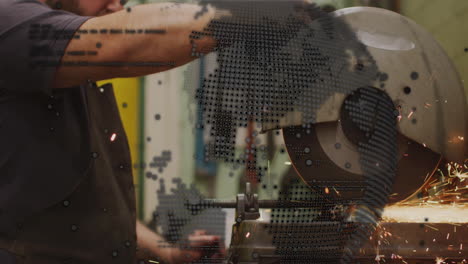 man operating bench grinder in metalworking workshop, showing sparks with dotted graphic overlay