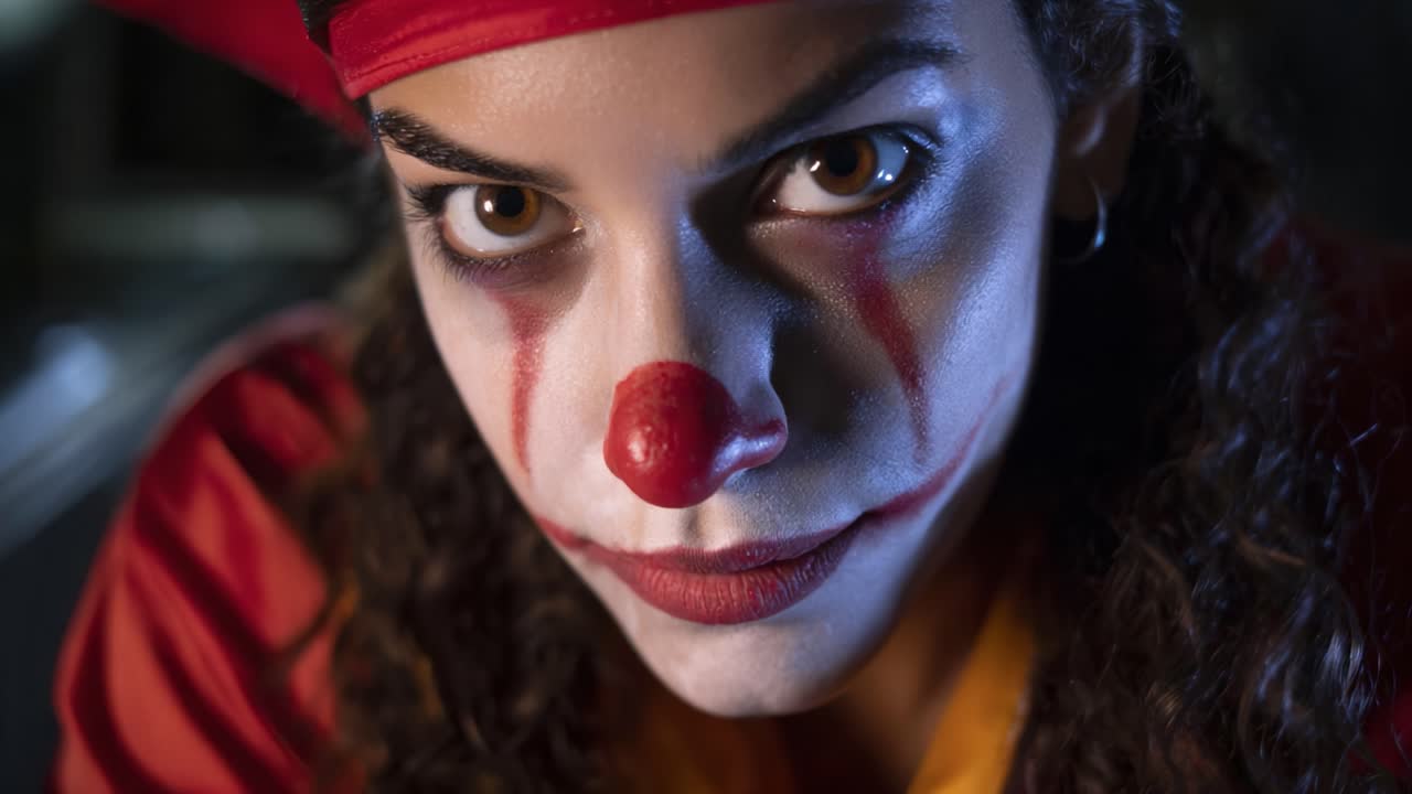 Intense Portrait of a Clown Character with Striking Makeup and Expression Analyzing Emotions Through Eyes in a Dramatic Setting