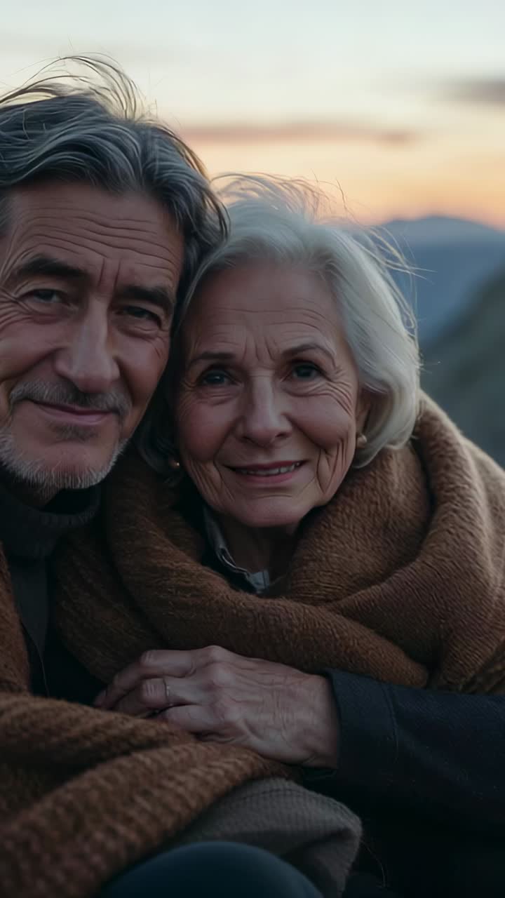 Vertical video: Snuggling senior pair at sunset, leaning on hill for warmth under blanket with ring