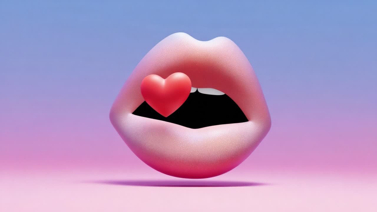 A Stylish 3D Rendering of Soft Lips with a Floating Heart, Set Against a Smooth Gradient Background That Transitions from Pink to Blue, Evoking Themes of Love and Affection