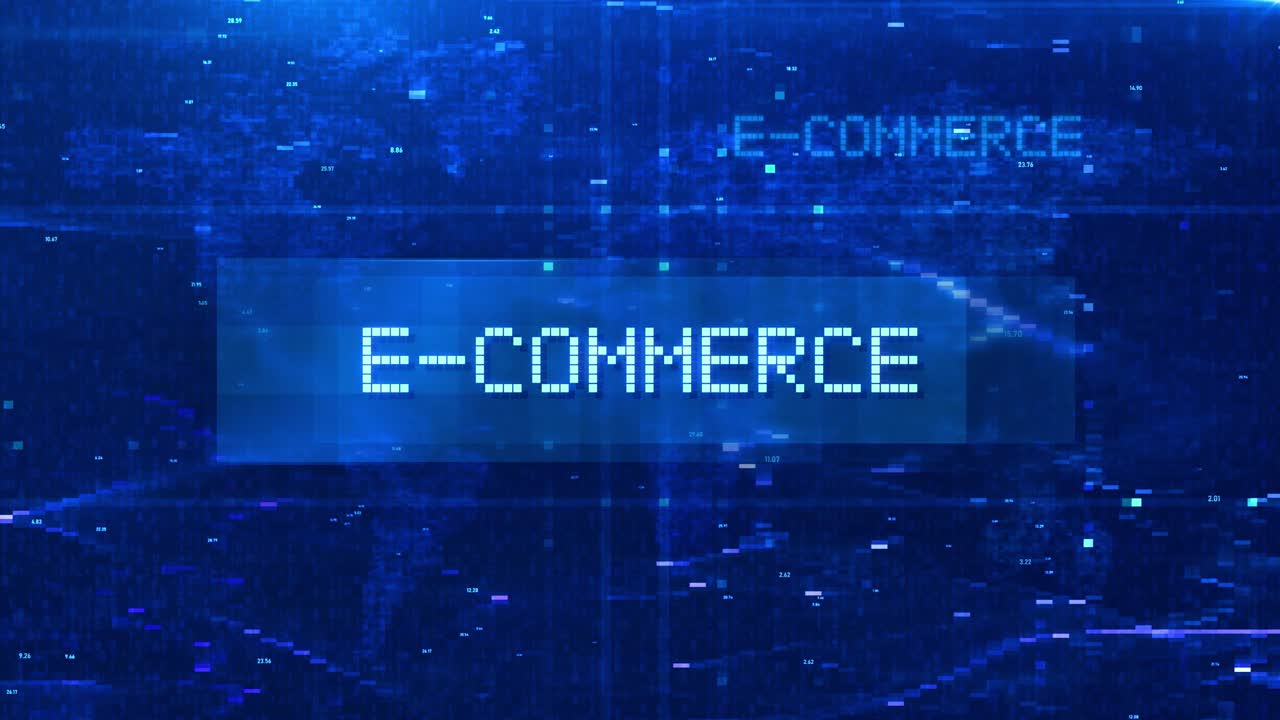 Animación de texto digital de Comercio Electrónico sobre un mapa mundial futurista y efectos HUD 2025 4 E Commerce