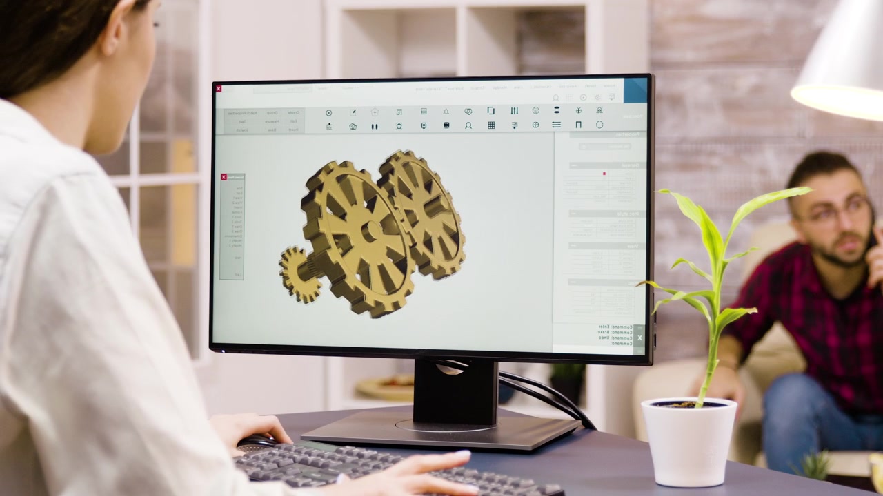 Female Engineer Designing Mechanical Gears on Computer in Office