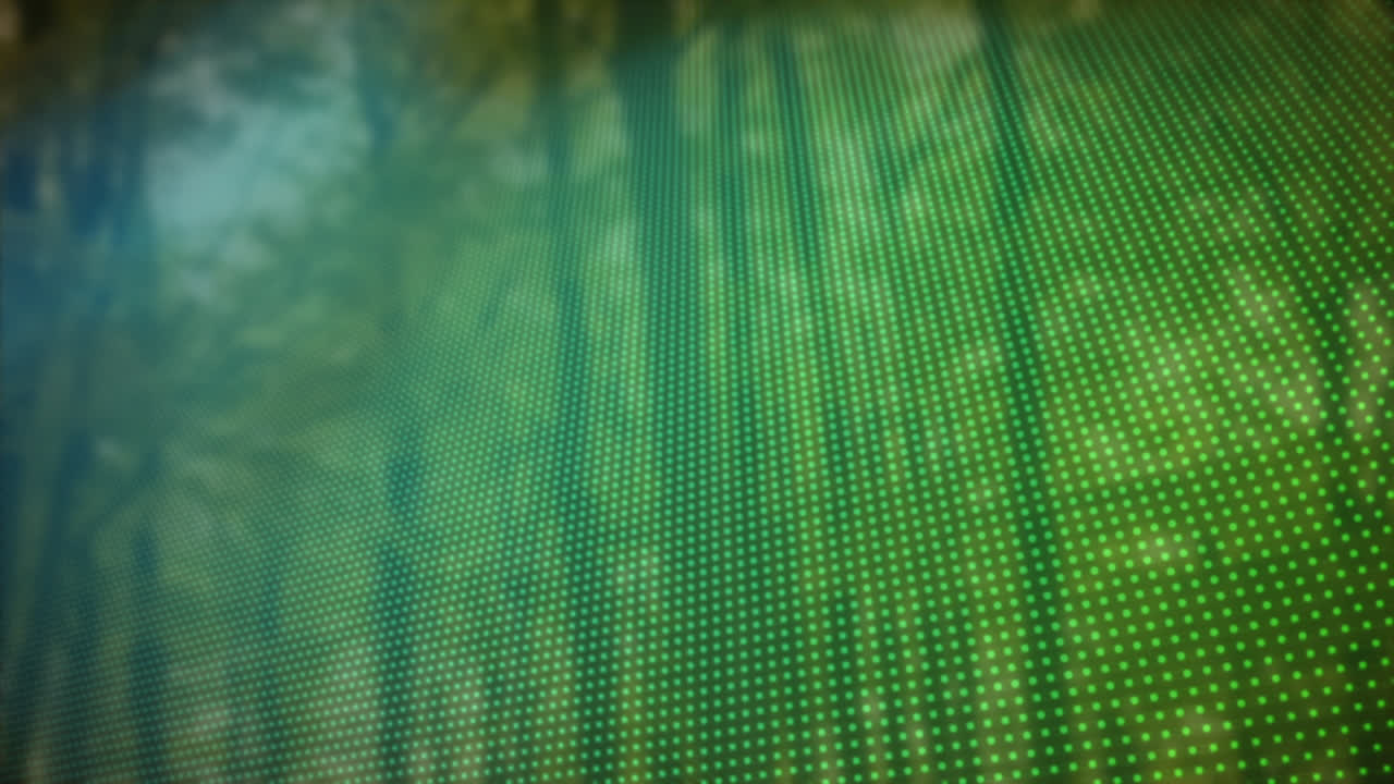 Animación de filas de puntos de azul a verde sobre árboles de fondo.