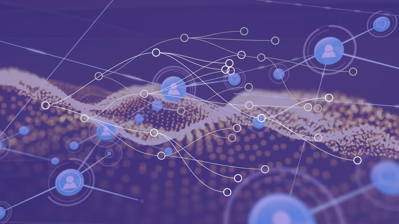 파란색 배경 위의 데이터 처리 및 미디어 아이콘의 애니메이션