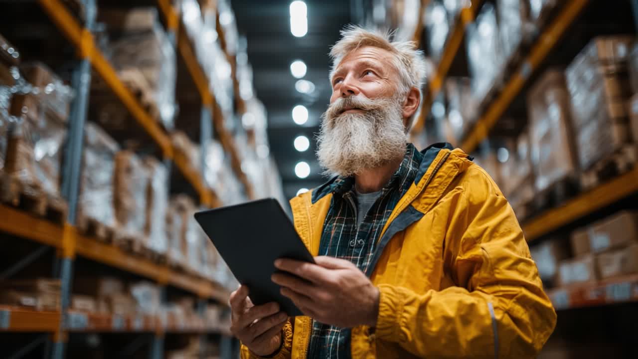 An older man in a warehouse environment, gazing upward while holding a tablet, showcasing a moment of contemplation and engagement with his surroundings and technology
