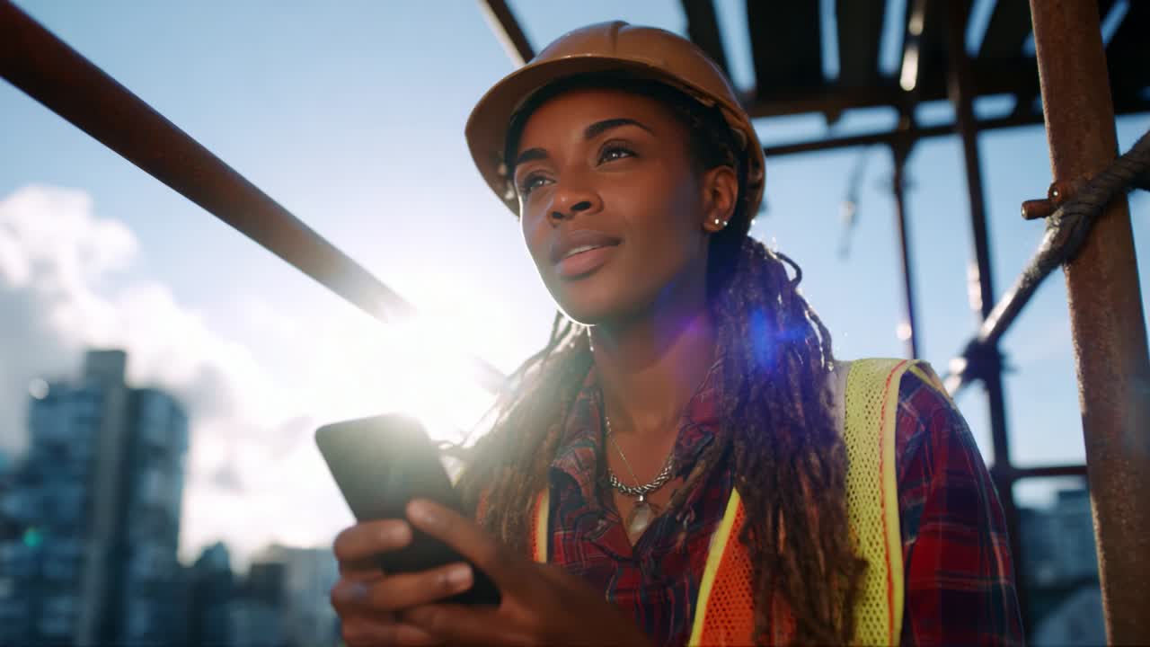 Focused Construction Worker on Site Checking Mobile Device, Balancing Work Responsibilities and Modern Technology in Urban Environment