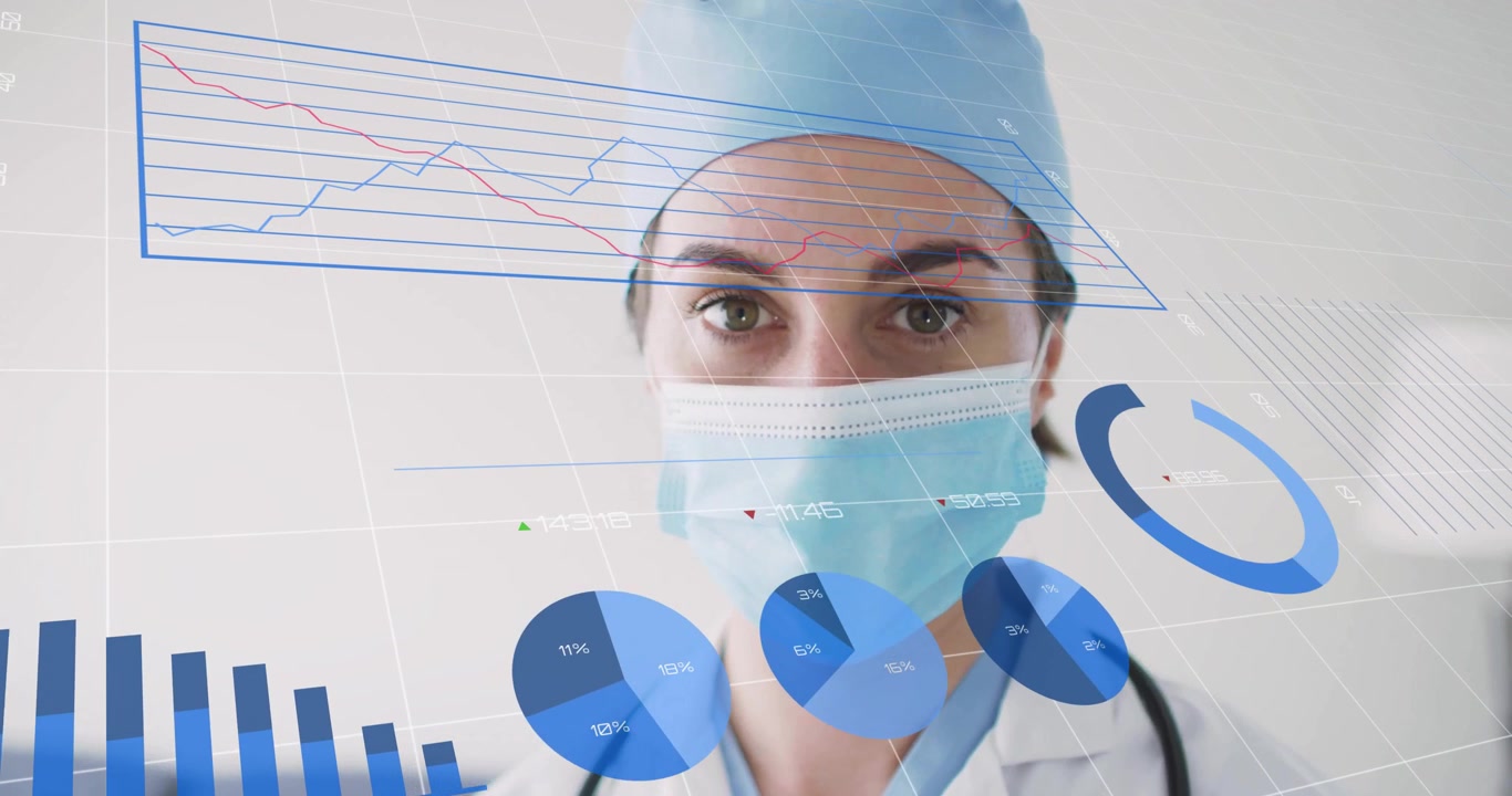 Ao abrir os olhos, médico virando a cabeça para a câmera em clínica médica, com sobreposições de gráficos exibindo métricas.