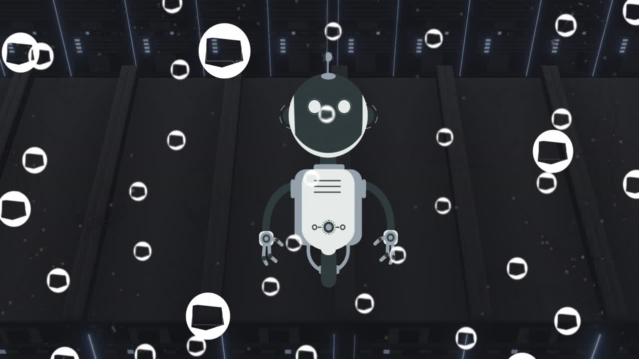 Animation of ai chat bot and icons over computer server background