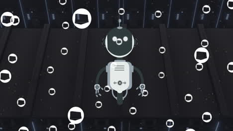 animación de un bot de chat y iconos en el fondo del servidor de la computadora