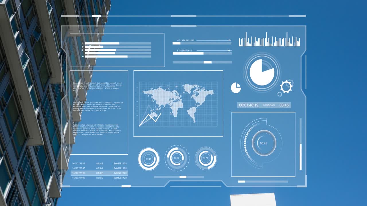 Animation of interface with data processing over tall buildings against blue sky