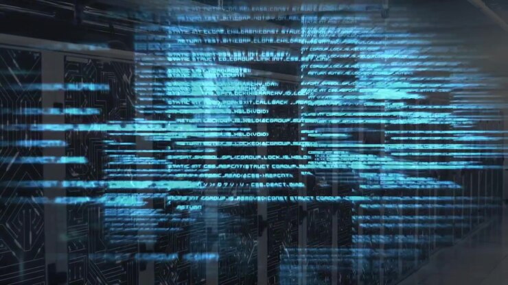 Initial holographic code fragments activating then streaming across racks representing data flow