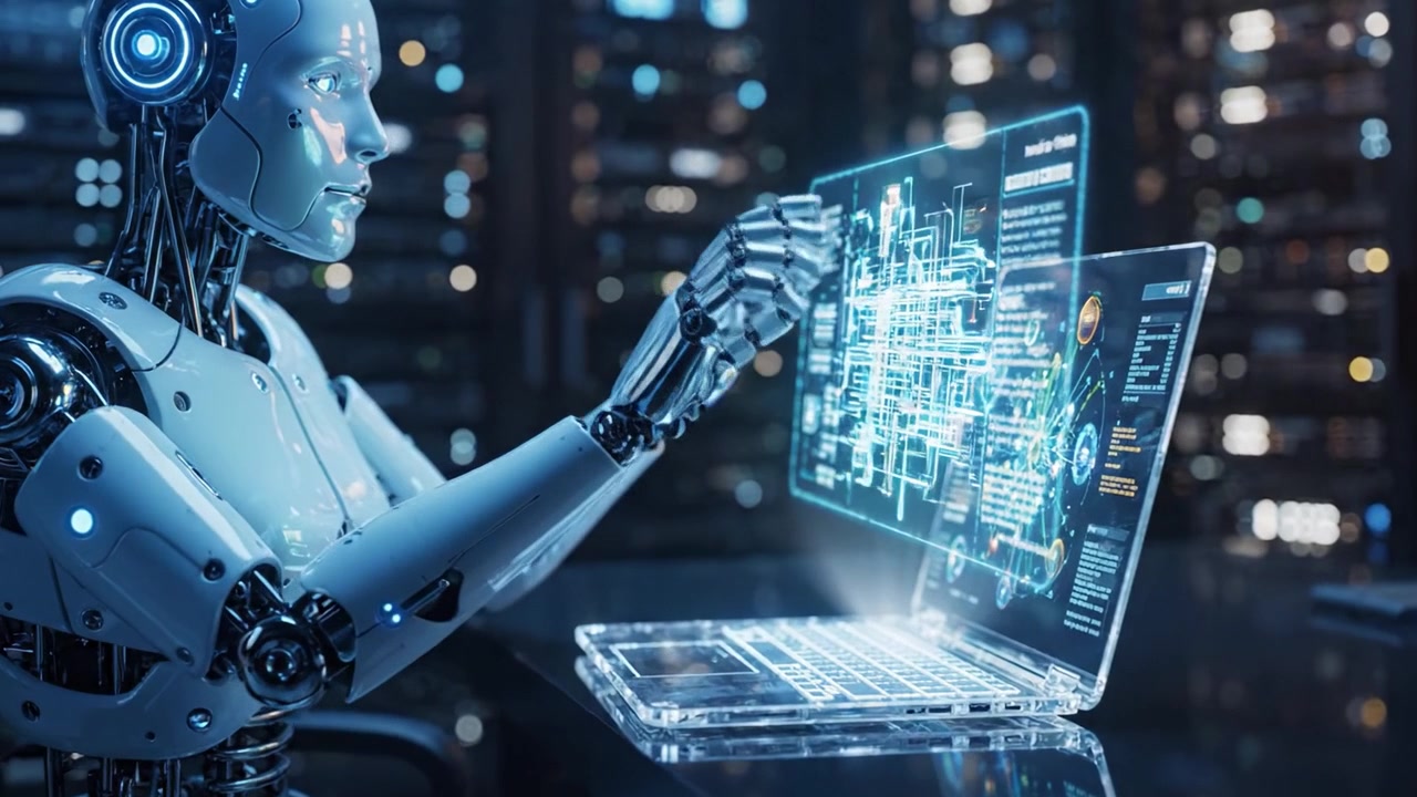 A futuristic robot interacts with a transparent laptop, analyzing data and visualizations in a high-tech environment, showcasing advanced AI capabilities and technology.