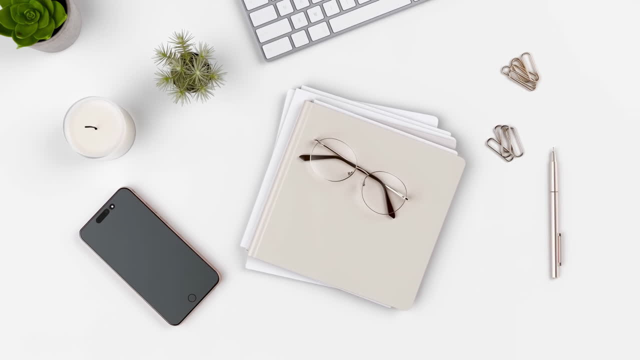Draufsicht auf minimalistischen weißen Schreibtisch mit Büromaterialien