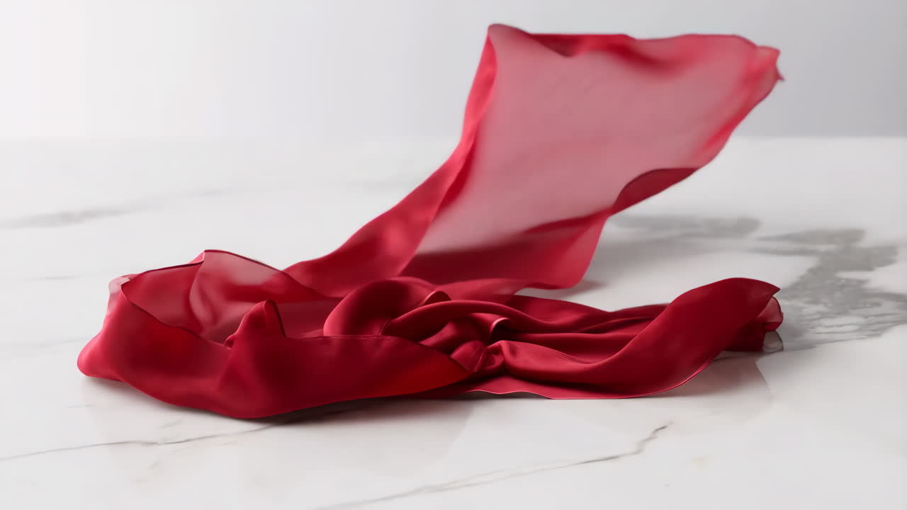 Flowing Red Silk Fabric on White Marble Surface