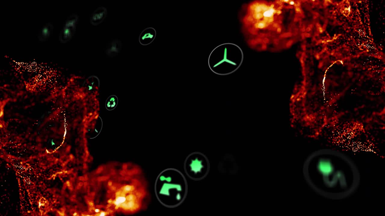 Green icons on black while red-orange flows streaming from left, badges sliding and icons shifting