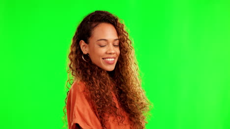 green screen, woman and blow kiss in a studio