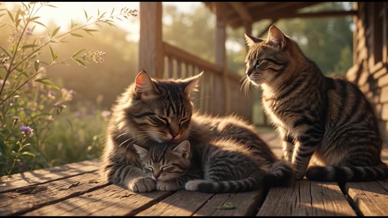 Mamma gatta che accudisce il gattino su un portico di legno soleggiato.