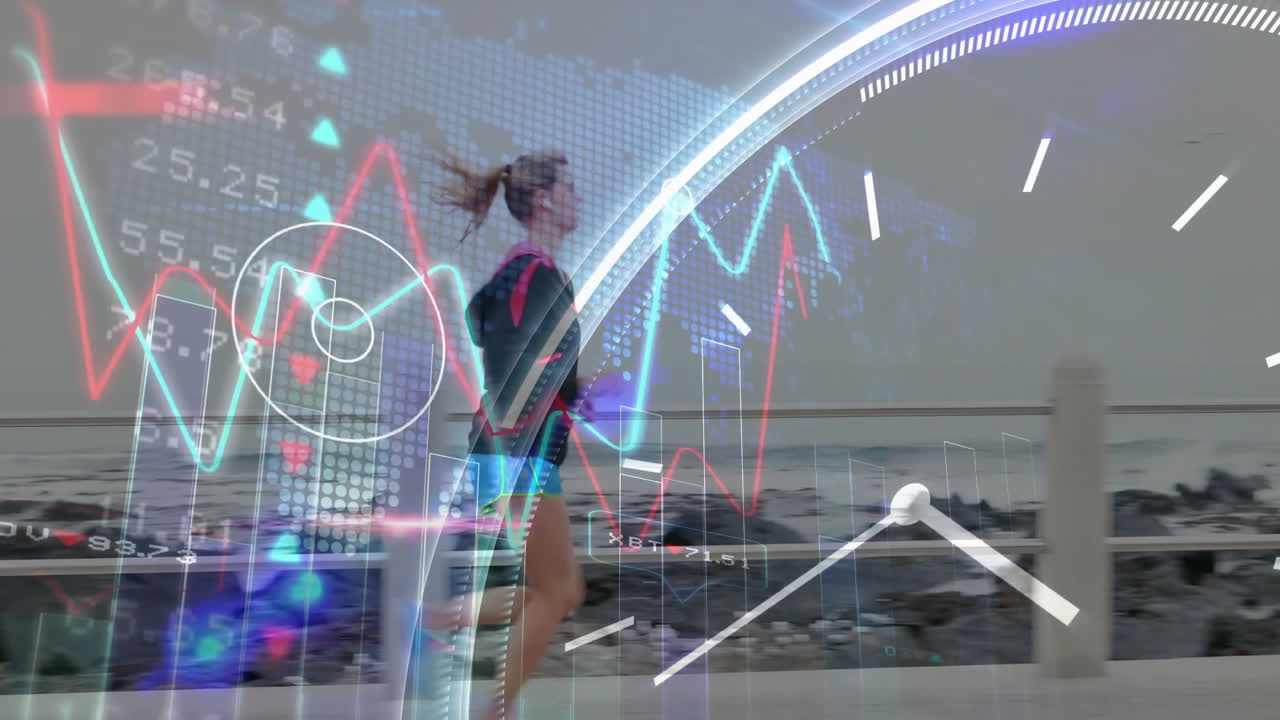 Woman jogging by ocean with financial data and clock animation overlay