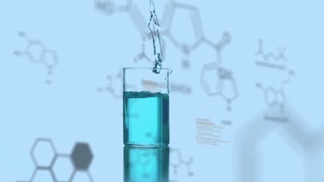 animation of molecules and data processing over glass with blue reagent