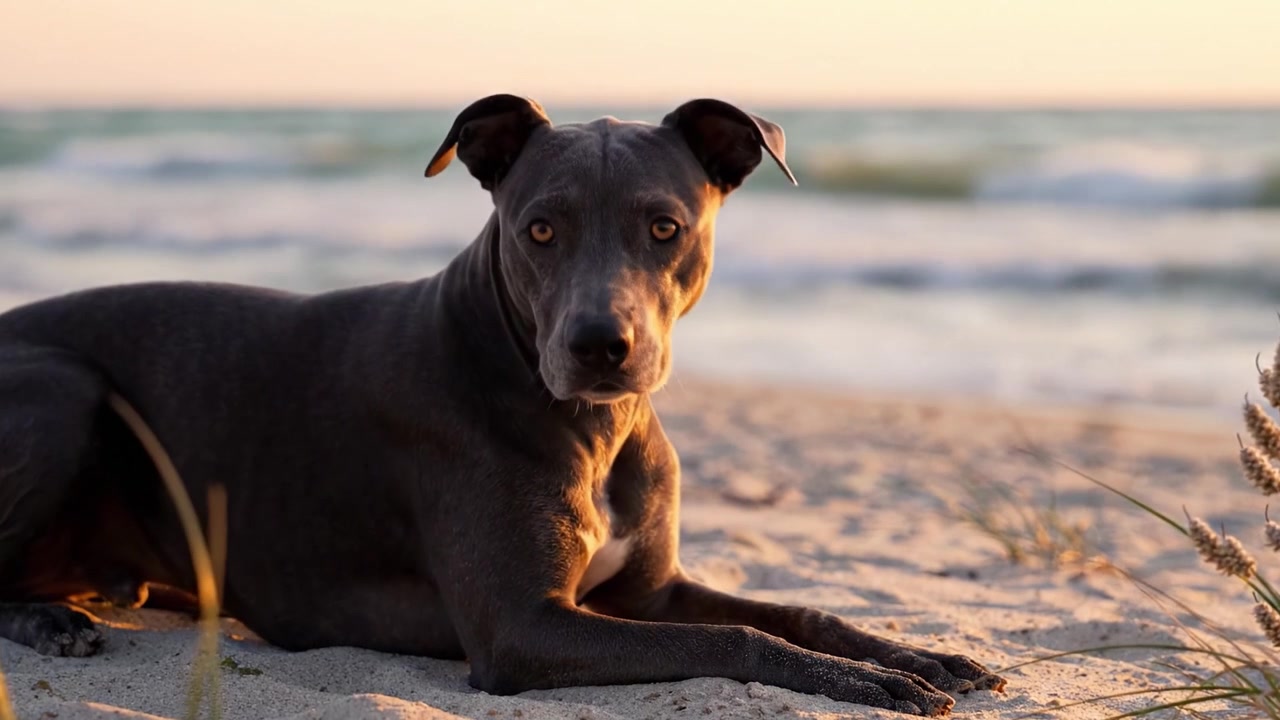 Un cane sereno che guarda il tramonto in spiaggia, catturando i momenti tranquilli della natura e il legame tra il cane e l'ambiente in due fotogrammi