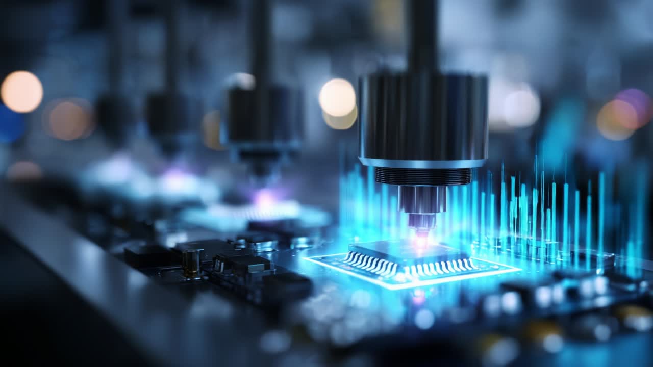 Advanced Technology Showcase: A Close-Up Look at Precision Laser Welding on Circuit Boards, Featuring a High-Tech Environment with Luminous Data Visualization