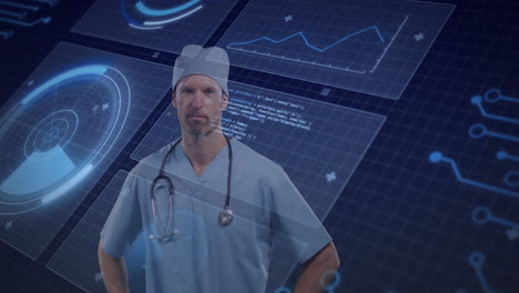 animation of caucasian male doctor and scientific data processing over blue background