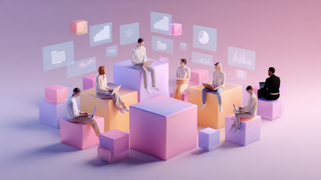 Et digitalt samarbejdsområde med forskellige personer, der bruger laptops og livlige, geometriske former, der fremhæver teamwork og dataanalyse i et visuelt slående miljø