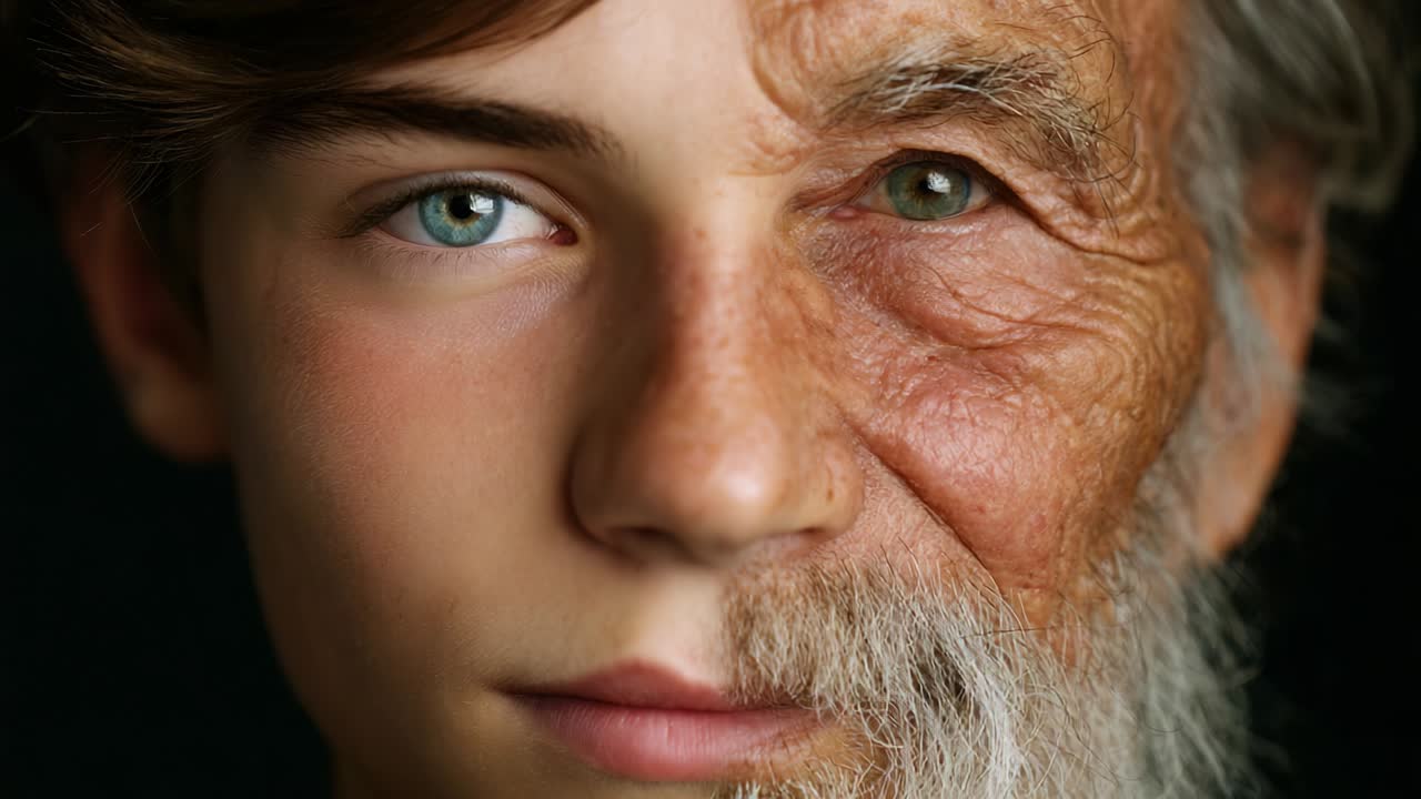 A Striking Contrast of Ages: Captured in a Single Frame, This Image Showcases the Profound Changes of Time, Merging Youthful Skin with the Heavy Signs of Aging, Eliciting Reflection on Life's Journey