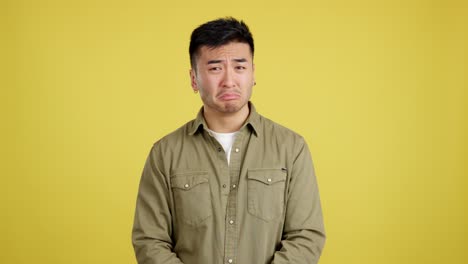 a sad and upset man crying with a pained expression on a yellow background