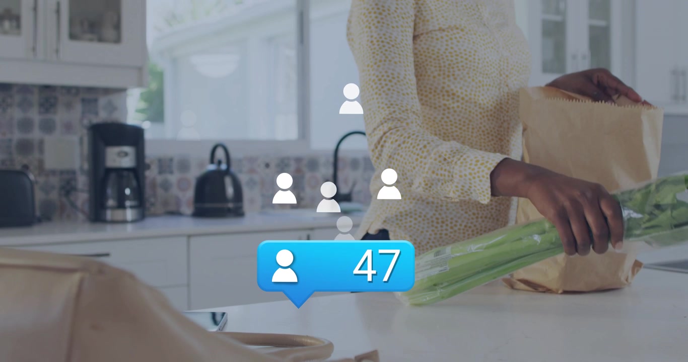 Woman unpacking celery, follower UI appearing by purse, icons rising, incrementing for marketing