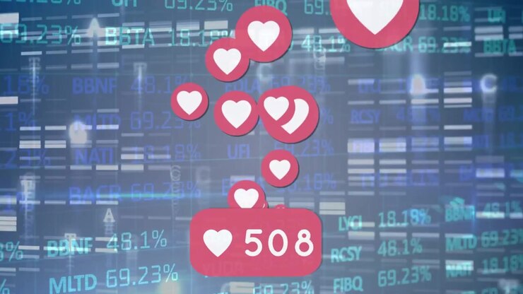 Animation af sociale medier-reaktioner over finansielle data på en mørkeblå baggrund med lys