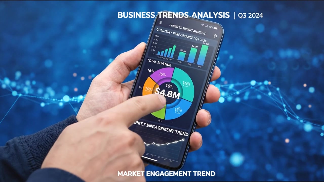 Hånd holder smart mobiltelefon med finansiel dashboard-analyseapp på skærmen.