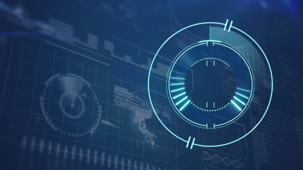 Animation of processing circle over blue background with diverse data