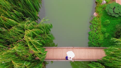 Wunderschöne-Luftaufnahme-Von-Oben-Nach-Unten-Eines-Hochzeitspaares-Auf-Der-Brücke-Im-Japanischen-Garten-Vom-Glencoe-Chicago-Botanic-Garden-über-Dem-See