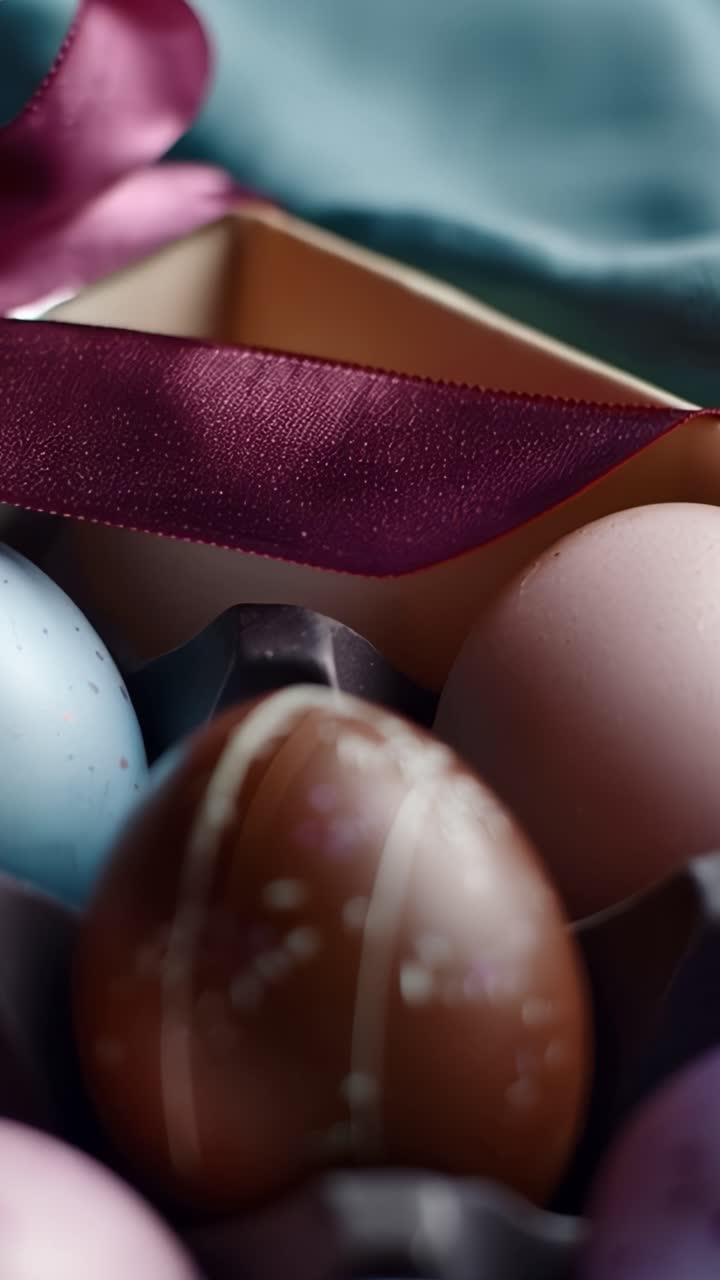 A Close-Up Exploration of Colorful Easter Eggs Nestled in a Decorative Box with a Satin Ribbon Highlighting the Festive Celebration of Springtime Traditions