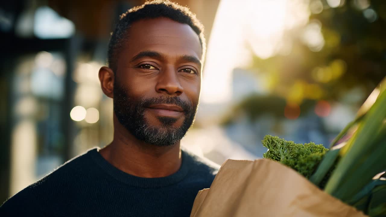 Um homem sorrindo em pé ao ar livre ao pôr do sol segurando uma sacola de compras frescas com produtos verdes, exibindo uma expressão satisfeita e aproveitando uma bela noite em um ambiente urbano animado