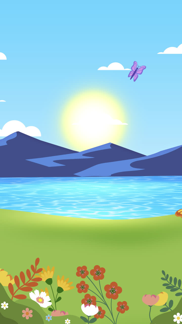 Beautiful Lakeside Scene with Butterflies and Flowers
