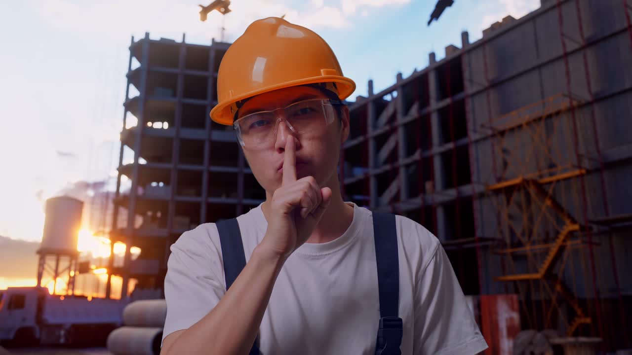 Asian Man Worker Looking At Camera And Making Shh Gesture At Construction Site