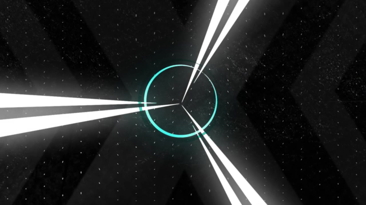 Faint starfield starting starburst central symbol forming spinning 3 cyan beams showing X chevrons