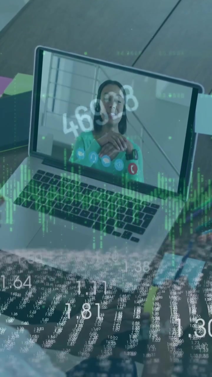 Animation with data processing over african american businesswoman in office