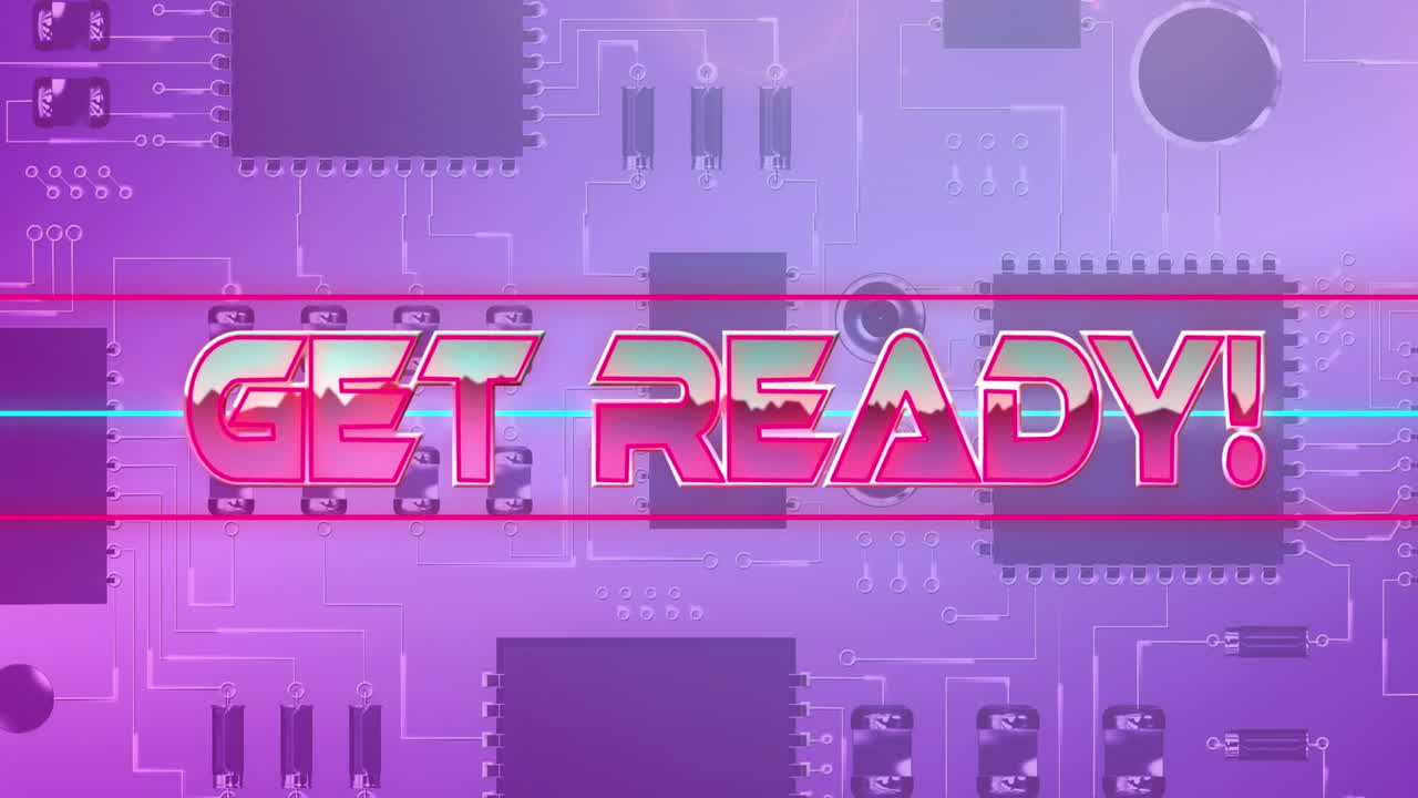Animation of get ready in pink metallic letters over computer circuit board on pink background