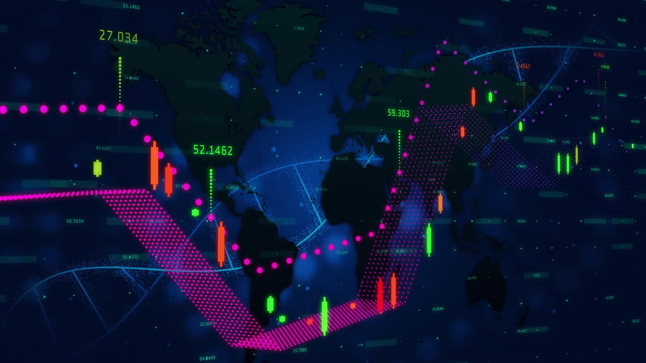 Animated infographic showing world map silhouette with DNA helix weaving amid neon stock charts