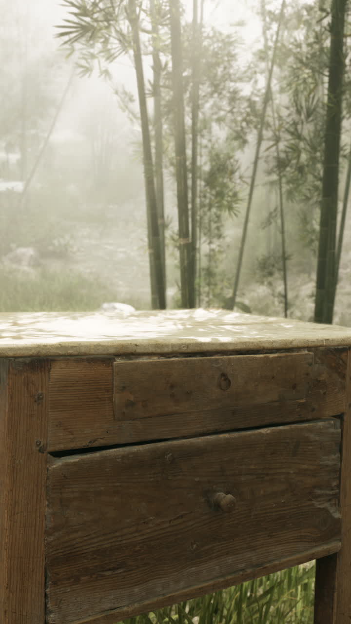 대나무 숲 에 있는 은 나무 테이블