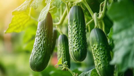 fresh cucumbers growing in a garden