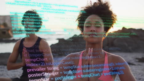 animation of data processing over african american couple doing yoga on beach