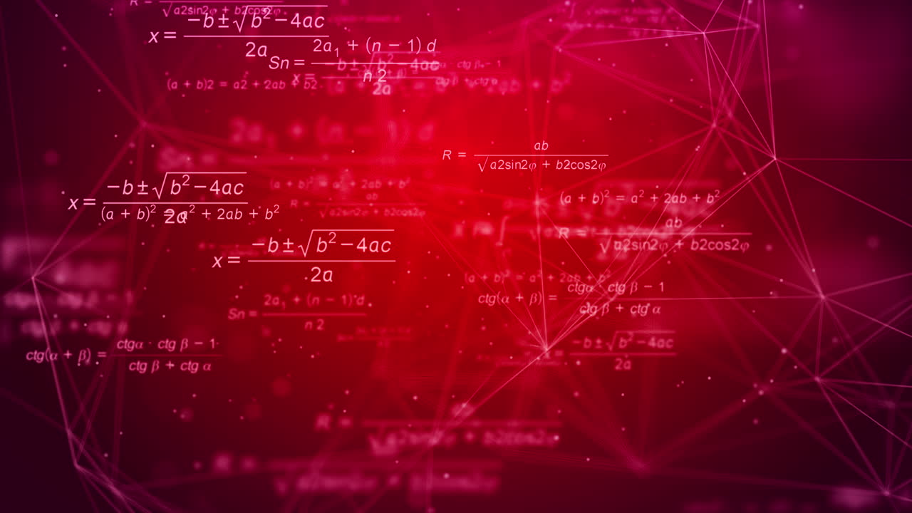 Glowing mathematical formulas and equations flying on red abstract background with plexus lines. Looped seamless educational animation.