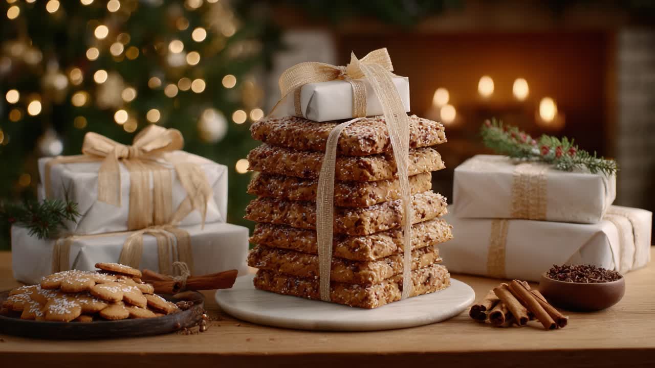 A Festive Display of Delicious Treats: Stacked Sweets Surrounded by Holiday Gifts and Sparkling Lights, Creating a Warm Christmas Atmosphere