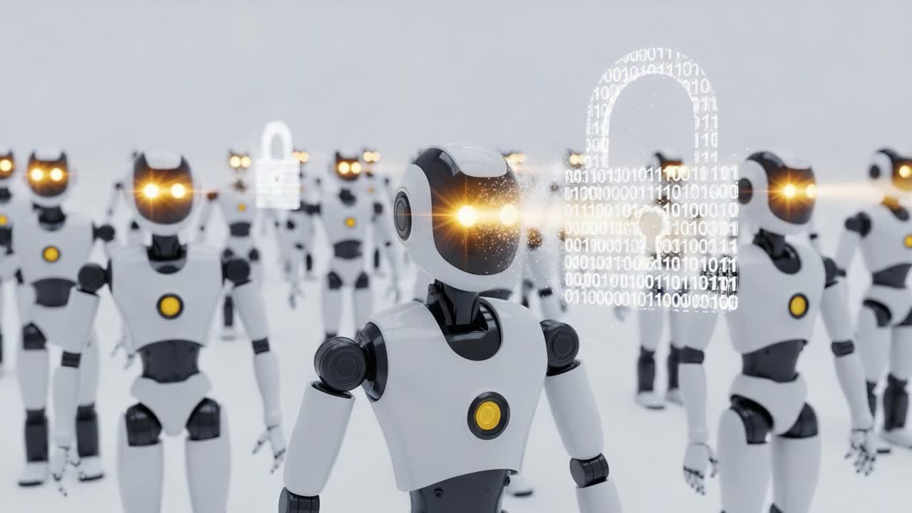 A Group of Advanced Robots Displaying Security Features with Glowing Eyes and Data Symbols in a Futuristic Environment
